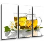 Obraz 3D třídílný - 105 x 70 cm - green tea with jasmine in cup and teapot isolated on white zelený čaj s jasmínem v šálku a čajové konvice izolovaných na bílém – Zboží Mobilmania