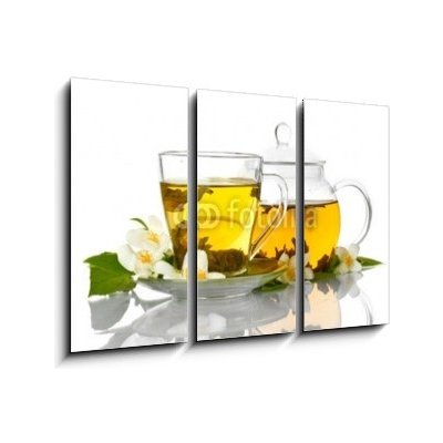 Obraz 3D třídílný - 105 x 70 cm - green tea with jasmine in cup and teapot isolated on white zelený čaj s jasmínem v šálku a čajové konvice izolovaných na bílém – Zboží Mobilmania
