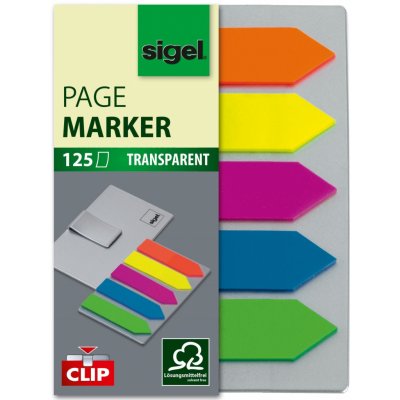 Samolepicí záložky Sigel ve tvaru šipky - transparentní s klipem, 50 x 12 mm, mix barev, 5 ks – Zboží Dáma