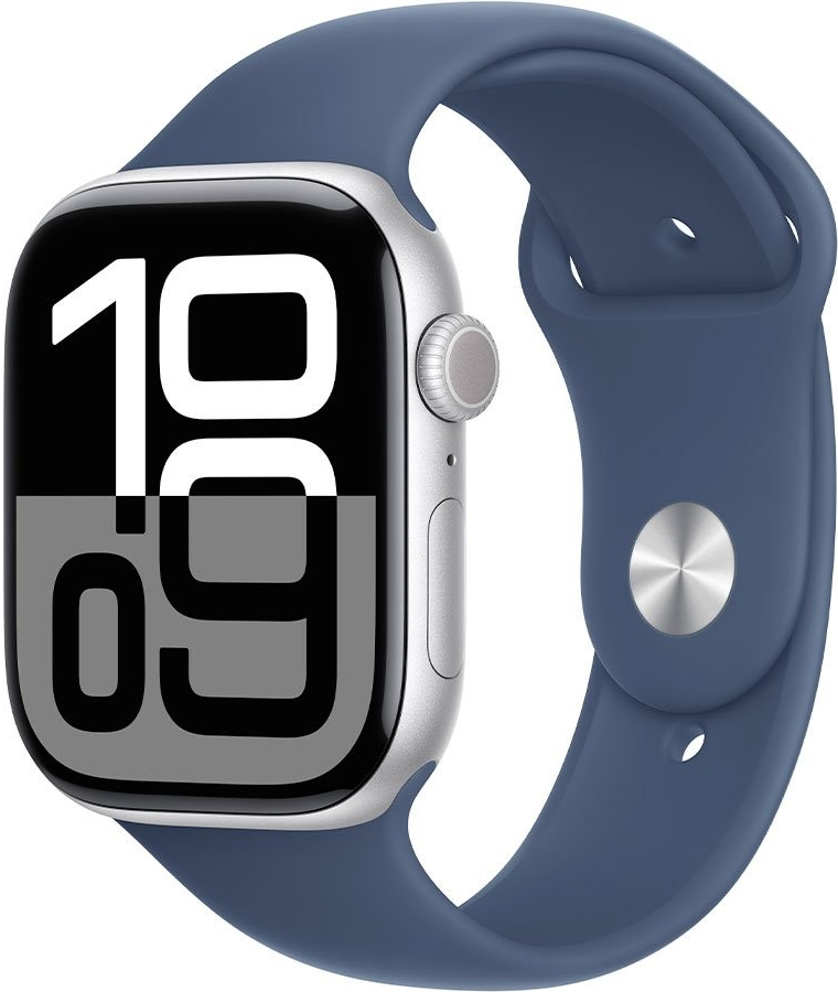 Apple Watch Series 10 GPS 46mm Silver Aluminium Case with Denim Sport Band S/M, MWWL3LW/A