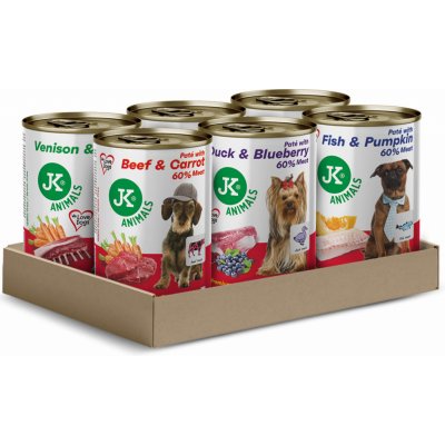 JK ANIMALS Premium Mix 60% Meat hovězí s mrkví kachní s borůvkami ryba s dýní zvěřina s mrkví krůtí s jablky 6 x 400 g – Sleviste.cz