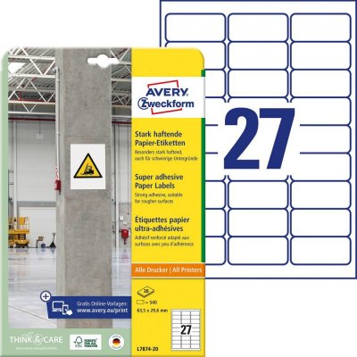 Avery-Zweckform L7874-20 Etikety lepící 63.5 x 29.6 mm papír bílá 540 ks trvalé silné inkoustová tiskárna laserová tiskárna barevná laserová tiskárna – Sleviste.cz