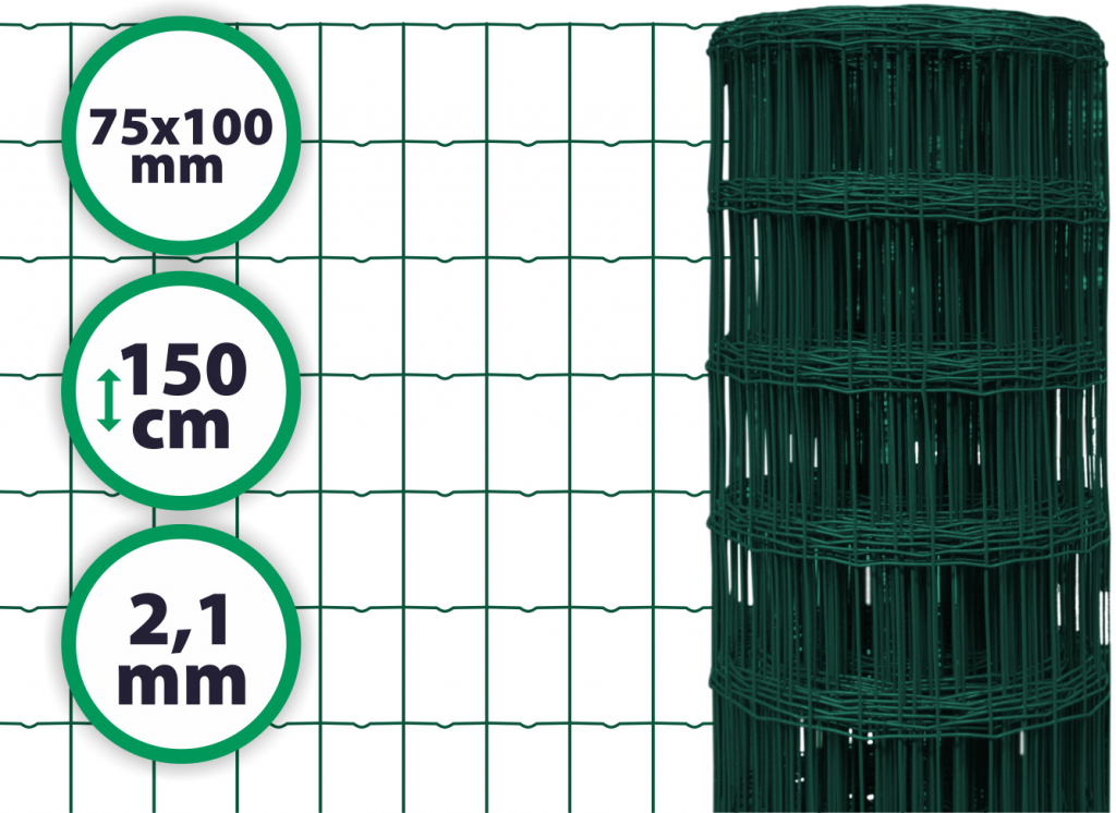 Svařované pletivo Light Plus – výška 150 cm, drát 2,1 mm, oko 75x100 mm, PVC