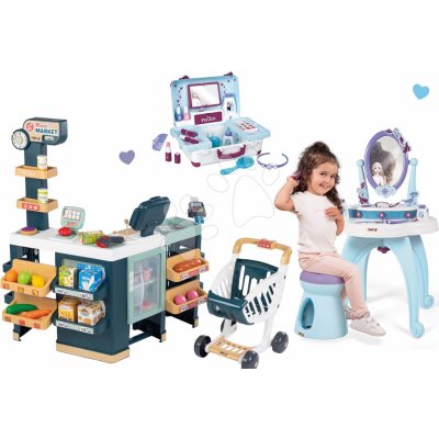 Smoby Set obchod elektronický smíšené zboží s chladničkou Maxi Market a kosmetický stolek Frozen s taburetkou a kufřík pro kadeřnici