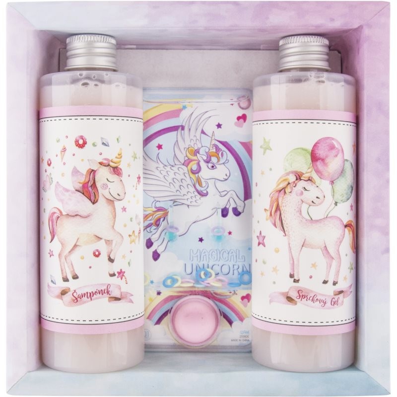Bohemia Gifts & Cosmetics Unicorn sprchový gel pro děti 250 ml + dětský šampon 250 ml + hračka pro děti 1 ks dárková sada