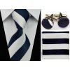 Kravata Tmavě modrý bílý Set kravata kapesník a manžetové knoflíčky Pruhy