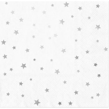 Party Pal Papírové ubrousky bílé se stříbrnými hvězdičkami 10 ks 33x33cm