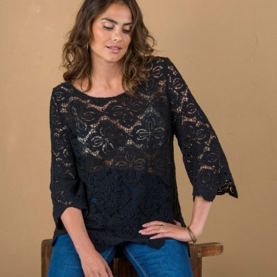 Macramé halenka s rozšířenými 7/8 rukávy černá – Zbozi.Blesk.cz