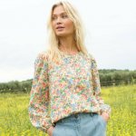 Halenka na knoflíčky s potiskem květin a kulatým výstřihem žlutá/modrá – Zboží Mobilmania