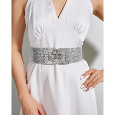 Accessories Italy dámský stříbrný elastický pásek opasek se stříbrnou sponou se štrasem – Zboží Mobilmania
