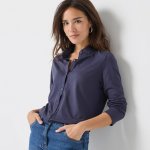 Žerzejová košile s knoflíky a dlouhými rukávy nám. modrá – Zboží Dáma