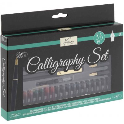 Kaligrafická sada 35 ks – 5 per, 5 hrotů, 20 bombiček, příslušenství | kaligrafie, lettering, bombičkové pero, italic hrot, ink konvertor, cvičební sešit, víc barev, psací sada – Hledejceny.cz