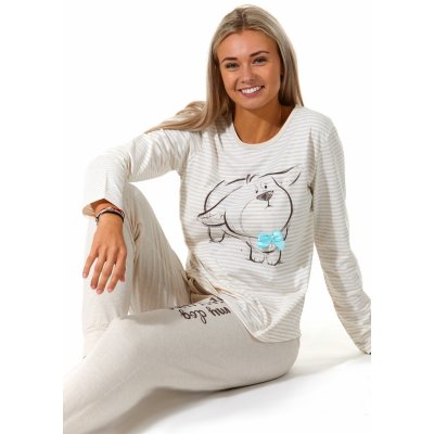 Pruhované dámské pyžamo se štěnětem 1B1839 béžové