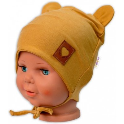 Baby Nellys Bavlněná dvouvrstvá čepice s oušky na zavazování TEDDY hořčicová – Zboží Mobilmania