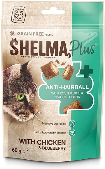 Shelma Anti hairball bezobilné polštářky kuře borůvky 60 g