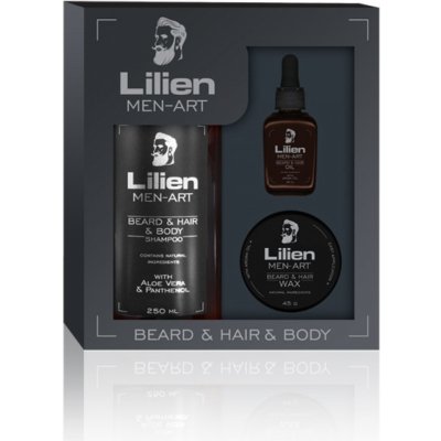 Lilien Men-Art Beard & Hair & Body Black univerzální šampon 250 ml + vyživující olej 50 ml + stylingový vosk na vlasy a vousy 45 g dárková sada – Zbozi.Blesk.cz