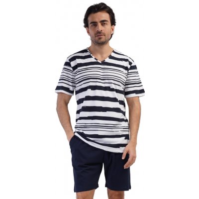 Pánské bavlněné pyžamo tričko s modrými pruhy a tmavě modré kraťasy 1P1993 bílá – Zboží Mobilmania