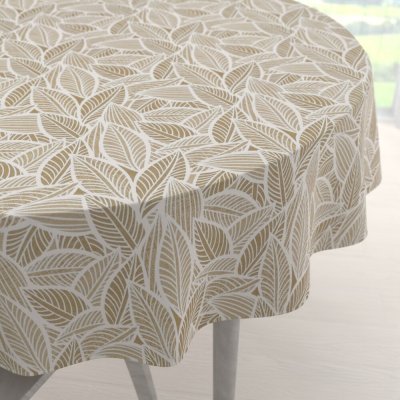 Biante Velký kulatý ubrus Leona LN-168 Bílé listy na světle hnědém Ø 160 cm – Sleviste.cz