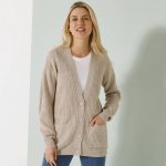 Propínací dlouhý kardigan s hladkým vzorem béžový melír – Zboží Dáma