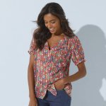 Voálová halenka na knoflíčky s potiskem broskvová – Zbozi.Blesk.cz