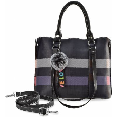 Kostkovaná dámská kabelka taška shopper tuhá mini aktovka s přívěškem pomponem černá