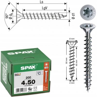 SPAX SPAX Seko-T 1191010400503 šroub do dřeva 4 mm 50 mm Torx, vnitřní korunka šestihranná ocel galvanizováno zinkem 200 – Hledejceny.cz