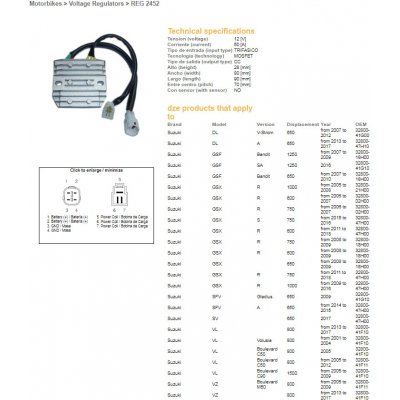 DZE regulátor napětí SUZUKI GSF 650/1250 BANDIT 07-10; GSX 600/750/1000R/S 05-18; DL 650 V-STROM 07-17; SV 650 14-17; VL 800 VOLUSIA 01-04; VL 800 BOULEVARD 05-12; VZ 800 BOULEVARD 05-17 (ESR552) | Zboží Auto