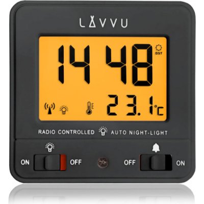 LAVVU Digitální černý budík řízený rádiovým signálem NORDLYS černý se světelným senzorem LAR0041 (automatické podsvícení po setmění)