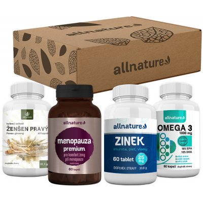 ALLNATURE Vitamínový balíček pro dědečka a babičku Ženšen pravý bylinný extrakt 60 kapslí + Menopauza premium 60 kapslí + Zinek 25 mg 60 tablet + Omega 3 60 kapslí – Zboží Mobilmania