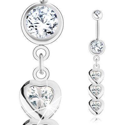 Šperky eshop piercing do bříška z oceli banánek tři čirá zirkonová srdce pod sebou S64.07 – Zboží Dáma