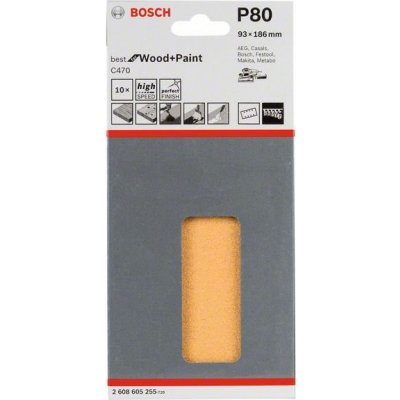 10x Brusný papír - brusivo pro vibrační brusky Bosch Best for Wood and Paint C470 93x186mm, hr. 80, 8 otvorů (2608605255) – Zboží Mobilmania