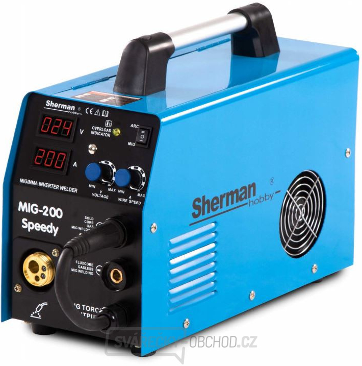 Sherman MIG 200 Speedy + hořák + kabely + Drát + Kukla + Vozík + Ventil + Sprej + Lahev CO2