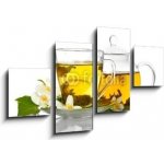 Obraz 4D čtyřdílný - 100 x 60 cm - green tea with jasmine in cup and teapot isolated on white zelený čaj s jasmínem v šálku a čajové konvice izolovaných na bílém – Sleviste.cz