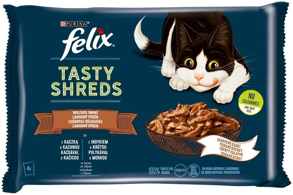 Felix Tasty Shreds lahodný výběr s kachnou a krůtou ve šťávě 4 x 80 g