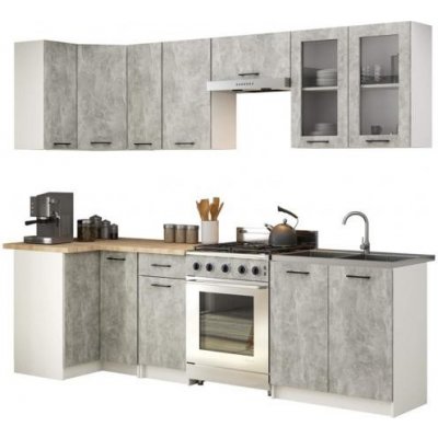 DobreSny Kuchyňská rohová sestava s vitrínou Olivia 3 m Beton / Dub Sonoma H720 – Zbozi.Blesk.cz