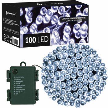 SPRINGOS LED světelný řetěz 10m 100LED 8 funkcí ovladač 3xAA IP44 studená bílá