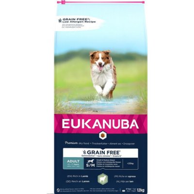 EUKANUBA Grain Free S/M Adult Jehněčí 12 kg pro dospělé malé a střední psy