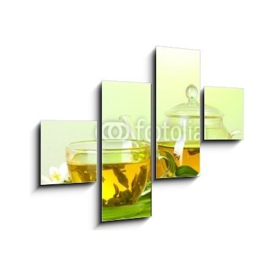 Obraz 4D čtyřdílný - 120 x 90 cm - tea with jasmine in cup and teapot on table on green background čaj s jasmínem v šálku a čajová konvice na stole na zeleném pozadí – Zboží Mobilmania