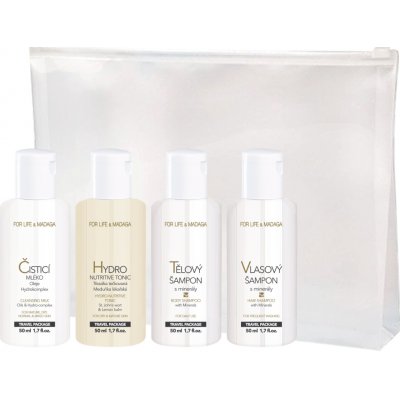 For Life & Madaga pro suchou pleť Čisticí mléko 50 ml + Hydro-nutritive tonic 50 ml + Vlasový šampon s minerály 50 ml + tělový šampon s minerály 50 ml Cestovní sada – Hledejceny.cz