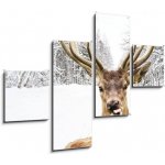 Obraz 4D čtyřdílný - 120 x 90 cm - Deer with beautiful big horns on a winter country road Jelen s krásnými velkými rohy na zimní venkovské cestě – Sleviste.cz