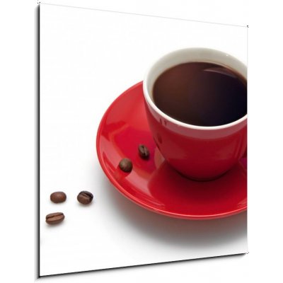 Obraz 1D - 50 x 50 cm - Red coffee cup and grain on white background Červená šálek kávy a zrna na bílém pozadí