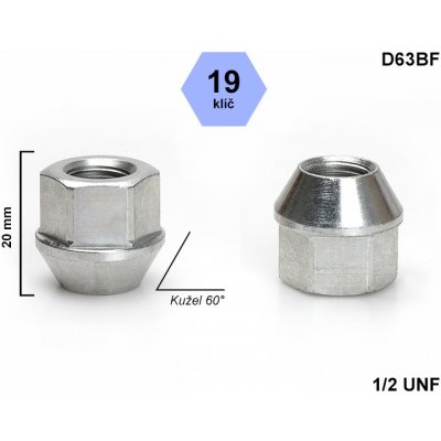 Kolová matice 1/2 UNF kužel otevřená, klíč 19, D63BF, výška 20 – Sleviste.cz