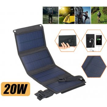 Moonoow Skládací solární panel Power Bank Outdoor Camping Hiking USB 20W IP65 vodotěsný černý