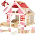 KIK Dřevěný domeček pro panenky bílo růžový + nábytek 36 cm KX4351 – Sleviste.cz