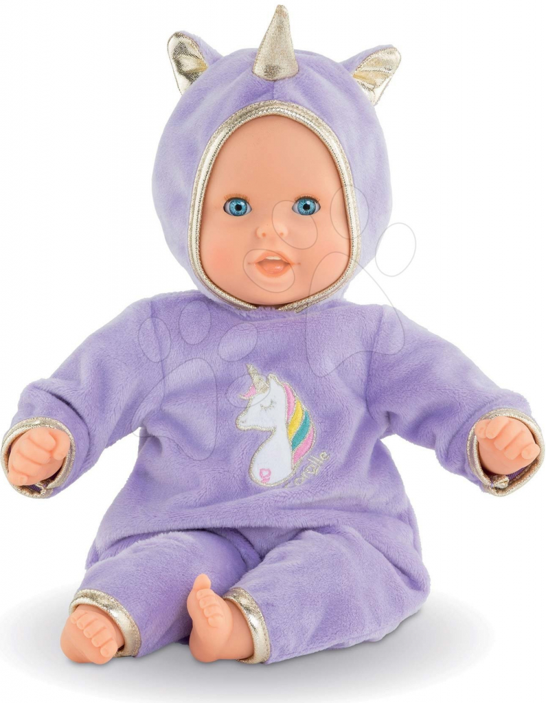 Corolle Bébé Calin Unicorn s modrýma mrkacíma očima a fazolkami 30 cm