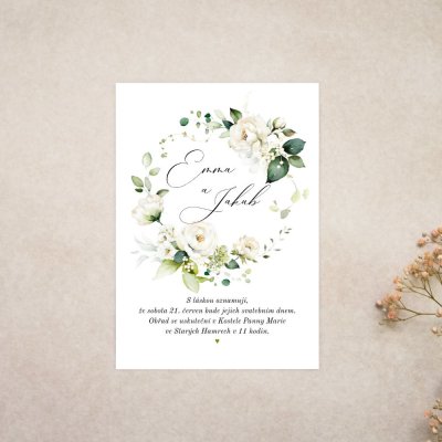 Svatební oznámení Bílá růže ve věnečku 1 – Zboží Dáma