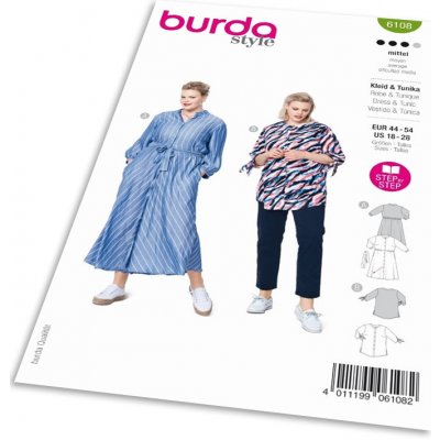 Střih Burda 6108 - Košilové šaty, košile bez límečku pro plnoštíhlé – Zboží Mobilmania