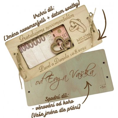 Dekorace z Česka Svatební dřevěné přání - Milion korun Nápis: Vlastní jména + věnování od koho na spodní díl + PLATBA PŘEDEM! – Zboží Dáma
