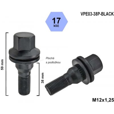 Kolový šroub M12x1,25x38, VPE03-38P-BLACK, plochá podložka, CITROËN, FIAT, PEUGEOT, černý, klíč 17, výška 59 mm – Hledejceny.cz