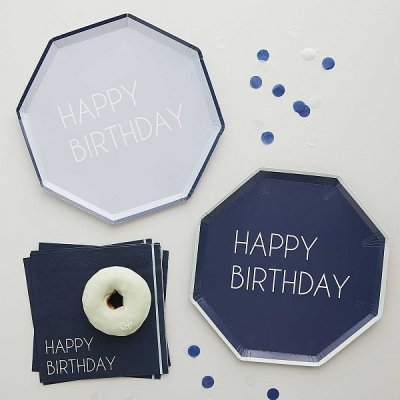Ginger Ray Blue eco party Happy birthday Talířky papírové, modré 5cm